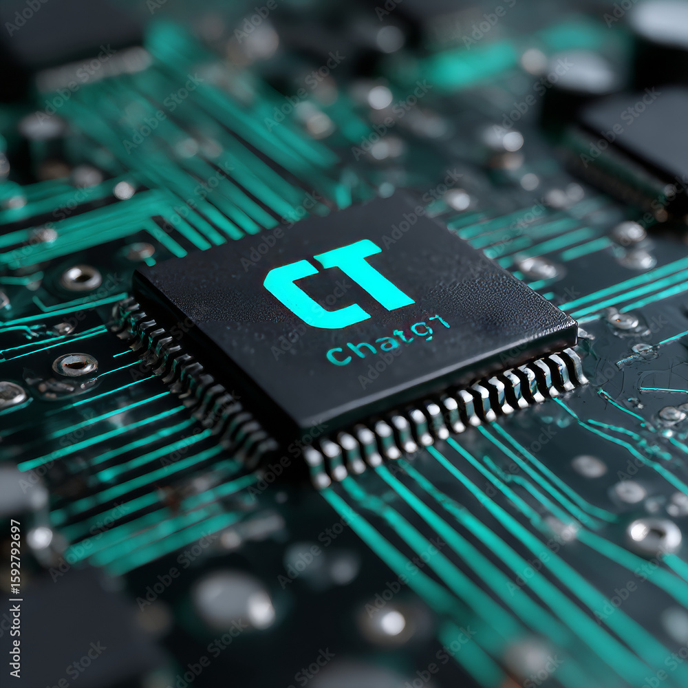 Poster chatgpt conversation method illustrations. artificial intelligence chatbot logo on circuit board, ch