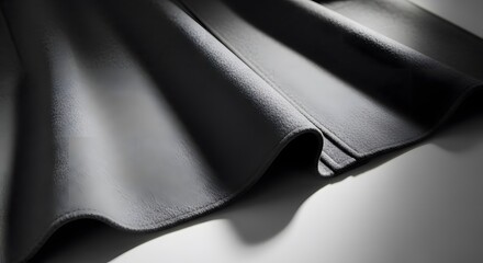 Naklejka premium Close up view of a glossy black textured material folded in waves against a white background illuminated by directional lighting creating shadows