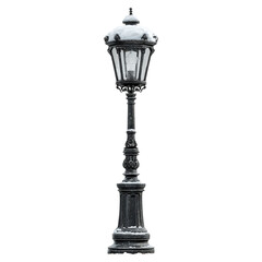 Obraz premium Elegant vintage street lamp covered in fresh snow with transparent background