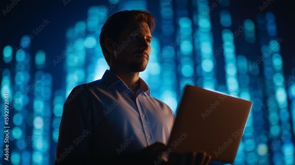 Aufkleber cybersecurity analyst in front of dark screens with code