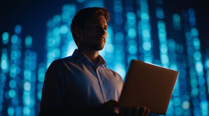 Cybersecurity Analyst in Front of Dark Screens with Code