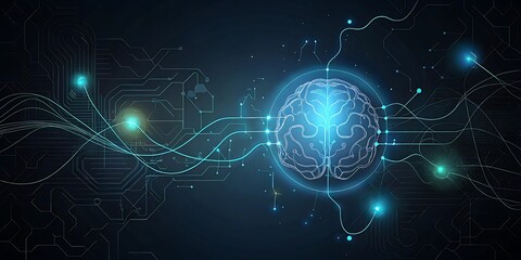 A glowing digital brain with neural network connections and flowing data streams.