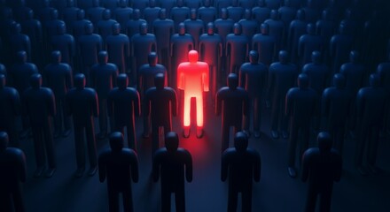 Fototapeta premium Stand Out from the Crowd Concept – Red Individual Among Blue Figures in Spotlight.
