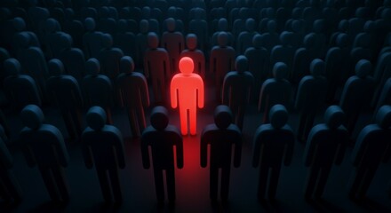 Stand Out from the Crowd Concept – Red Individual Among Blue Figures in Spotlight.