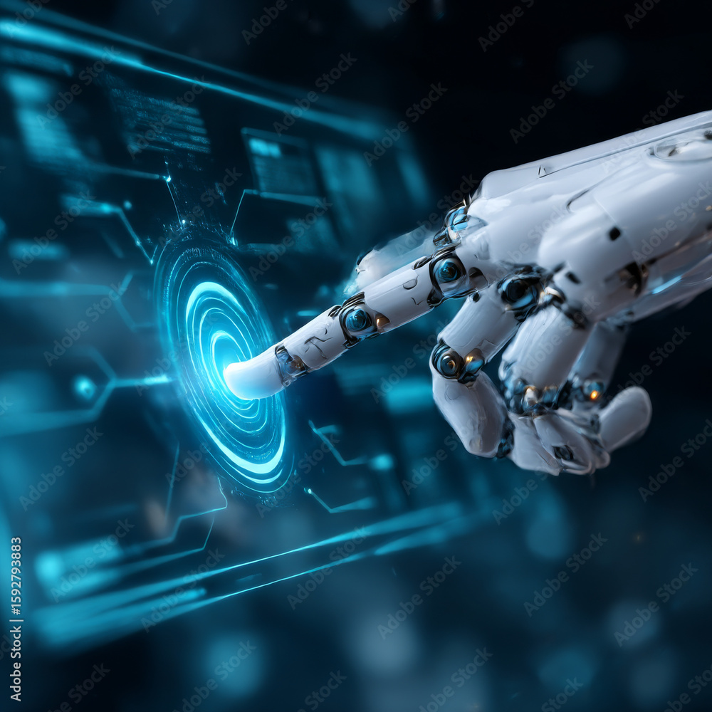 Fototapete the robot mechanical arm or hand presses the index finger on the button a virtual holographic interf