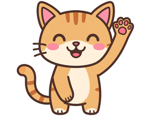 Kawaii cat with paw up, cartoon vector illustration, transparent background