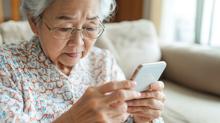 Elderly woman with glasses focusing on her mobile device indoors. Connection and technology are part of her daily life.