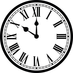 Black and white analog clock face with Roman numerals and hands time