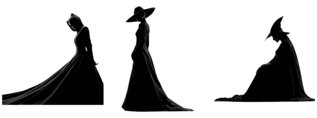 Elegant Silhouettes of Women in Dramatic Hats on a Transparent Background