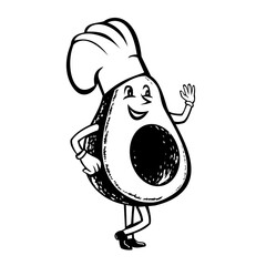 Mascot illustration of an organic avocado chef, cook or baker standing and waving viewed from front on isolated background in black and white retro style.