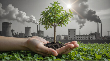 Hands gently hold a young tree sapling against a backdrop of smoking industrial buildings. Symbolizes hope, environmental recovery, and the contrast between nature and pollution.