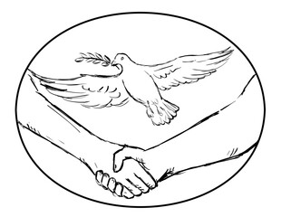Drawing sketch style illustration of a two persons in firm handshake or hand shake and flying dove or domestic pigeon with olive branch on isolated background done in black and white line art.