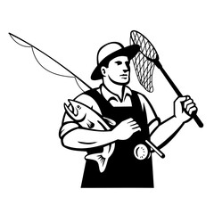 Mascot illustration of a fly fisherman with fishing rod and fly fishing landing net holding a trout or salmon fish viewed from side on isolated background in black and white retro style.