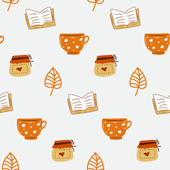 Cozy seamless pattern with autumn elements. Mug and book autumn pattern in beige colors.