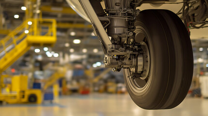 Fototapeta premium Aircraft landing gear close-up in factory. Complex machinery and a large tire are the focal point. Manufacturing and engineering precision.