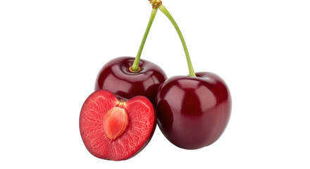 Isolated Red Cherries With Leaf and Seeds