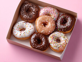 An assortment of delicious donuts in a box, perfect for a sweet treat. The donuts are glazed with various toppings and sprinkles, a delightful dessert.