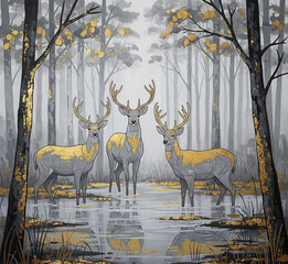 modern painting of 3 swamp deer in forest.the texture of the oriental style of gray and gold canvas with an abstract pattern. artist collection of animal painting for decoration and interior, canvas a