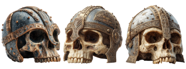 Detailed Artistic Skulls with Helmets on Transparent Background
