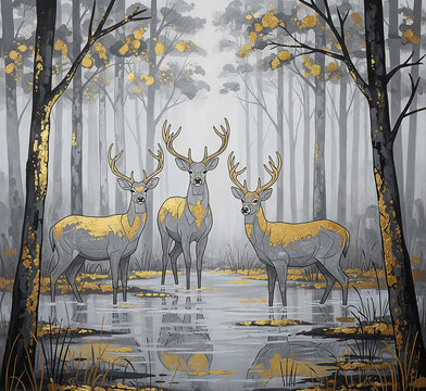modern painting of 3 swamp deer in forest.the texture of the oriental style of gray and gold canvas with an abstract pattern. artist collection of animal painting for decoration and interior, canvas a