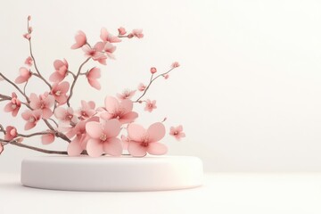 Delicate pink cherry blossoms displayed on a minimalist white podium