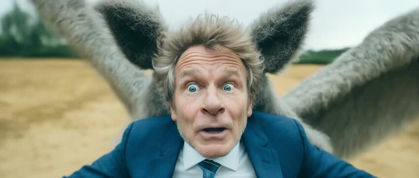 A bewildered businessman in a suit with moth wings appears to struggle as flies through the air, evoking a surreal and humorous scene