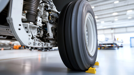 Aircraft landing gear. A sturdy aircraft tire is locked in place with yellow chocks. The complex mechanical suspension is bright white and metallic.