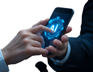 Fototapeta premium A person interacts with an ai interface on a smartphone, highlighting the integration of artificial intelligence in mobile technology isolated on transparent background
