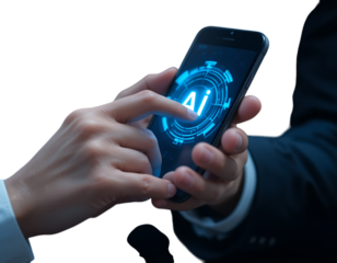A person interacts with an ai interface on a smartphone, highlighting the integration of artificial intelligence in mobile technology isolated on transparent background
