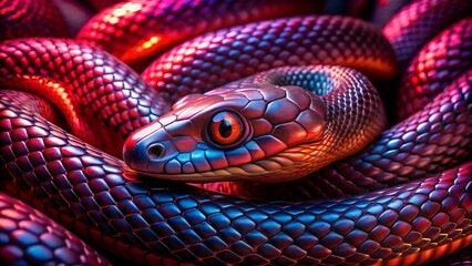 Fototapeta premium Photo of a closeup, detailed view of a coiled snake with iridescent scales and a striking orange eye, its head raised in a mysterious pose
