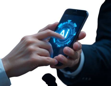 A person interacts with an ai interface on a smartphone, highlighting the integration of artificial intelligence in mobile technology isolated on transparent background
