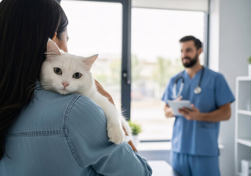 Concerned woman holding a white cat on her shoulder while a veterinarian examines a digital tablet in a bright modern clinic