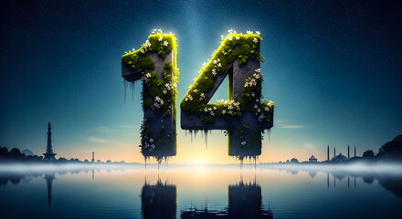 The number fourteen, covered in moss and flowers, floats above a tranquil lake under a starry night sky, symbolizing pakistans independence day