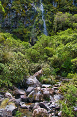 Mountain stream and waterfall on the densely forested slopes of the volcano Taranaki, North Island, New Zealand.
