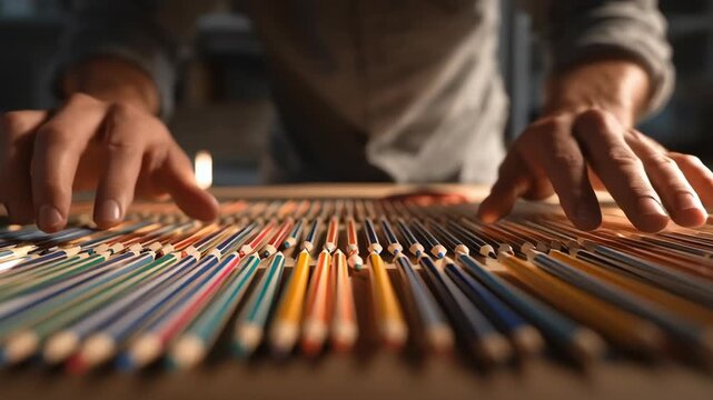 Man obsessively arranging colored pencils in perfect order on a table, illustrating repetitive behavior and a visual representation of OCD.