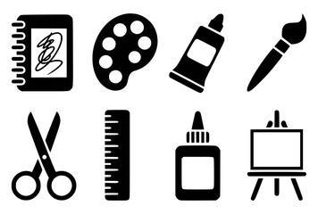 Art supplies including notebook paint palette brush glue bottle scissors ruler and easel
