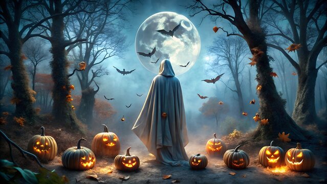Photo of a hooded figure stands in a spooky forest surrounded by glowing jackolanterns under a full moon