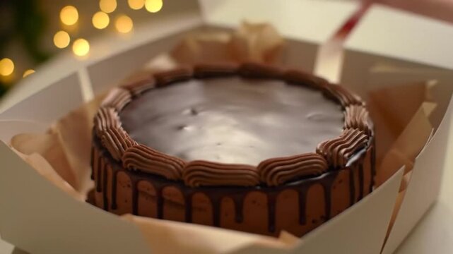 Unboxing Chocolate Cake For Special Celebration Event With Holiday Decoration