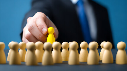 Hand selecting a unique yellow figure from a group of wooden pawns business selection