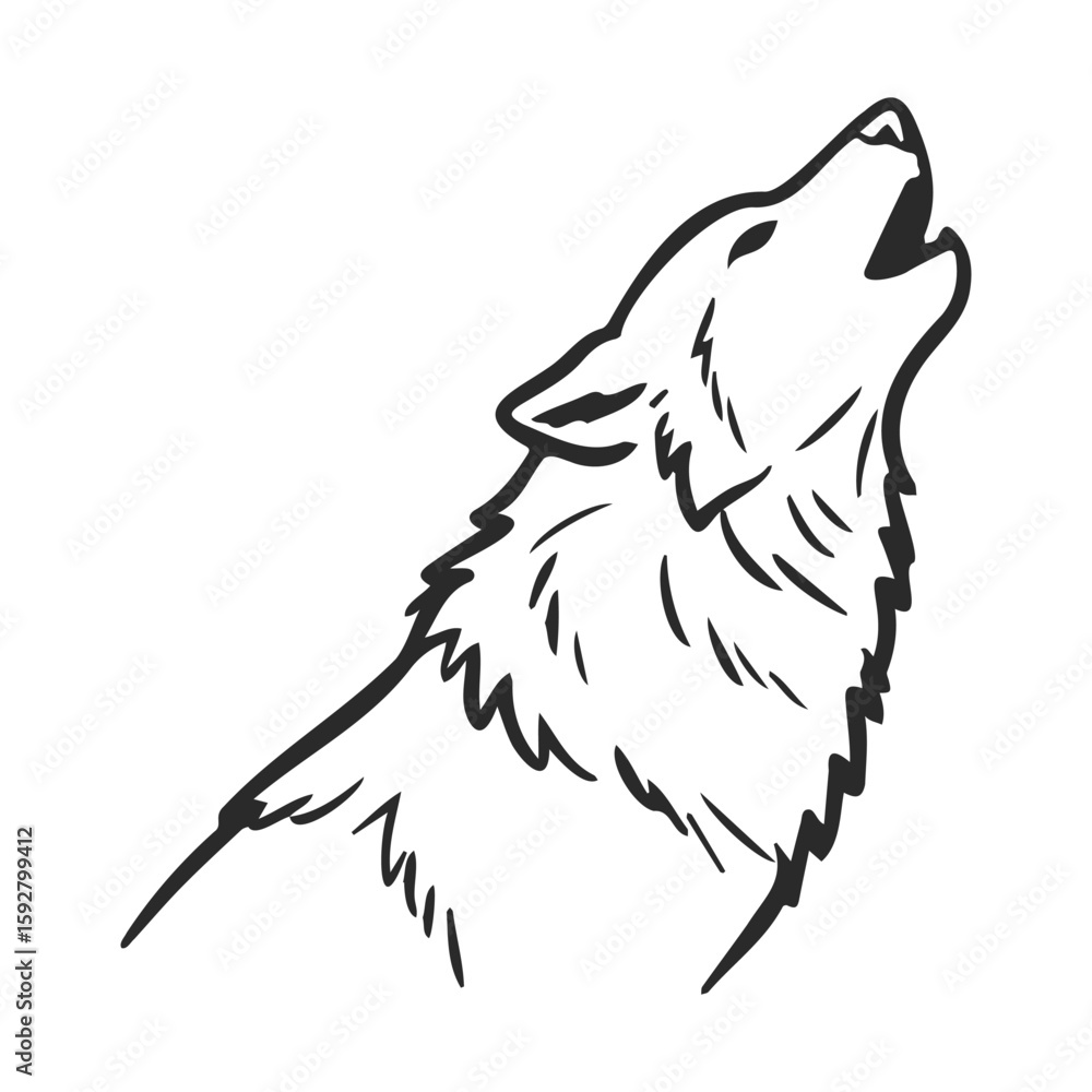Poster outline of howling wolf in profile view with minimalist ink style