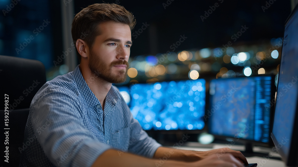 Poster cybersecurity analyst in dim operations center at multi-monitor workstation