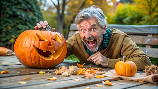 Photo of an excited man with grey hair and a beard laughs heartily while posing with a carved jackolantern on a wooden table outdoors