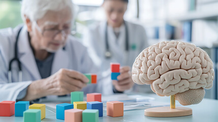 Brain health assessment with building blocks and a model of the brain, focusing on cognitive therapy and neurological wellness for elderly patients.