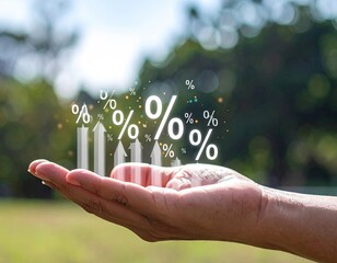 Hand holding a digital graphic of increasing percentages