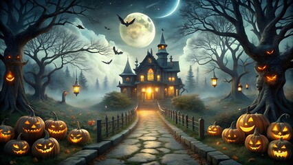 Photo of a spooky haunted house with glowing windows sits under a full moon, surrounded by creepy trees and jackolanterns