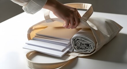 Hand reaching into a beige tote bag revealing rolled fabric and stacked documents on a white surface neutral lighting.