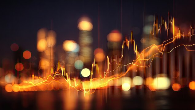 Abstract city skyline at night with financial chart overlay