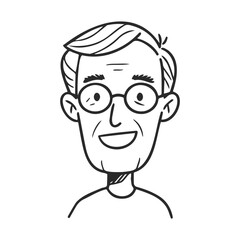 Simple black and white drawing of elderly male with glasses smiling