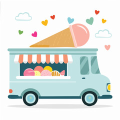 Cute ice cream truck humming flat vector
