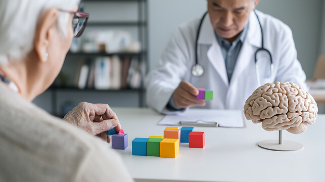 Senior woman at doctor's with colorful blocks for cognitive assessment.  The physician uses a brain model for diagnostic purposes.